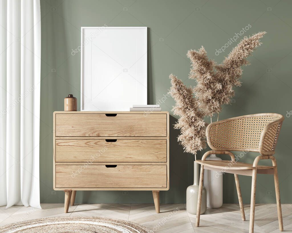 Mockup interior in boho style with rotan chairs, vase with dry wheat and white frame on wooden chest of drawers / 3D illustration, 3d render 