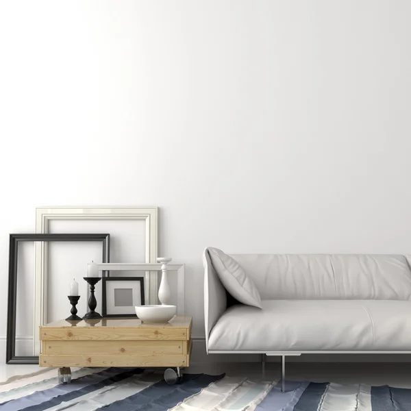 Современный кожаный диван и деревянный журнальный стол — стоковое фото