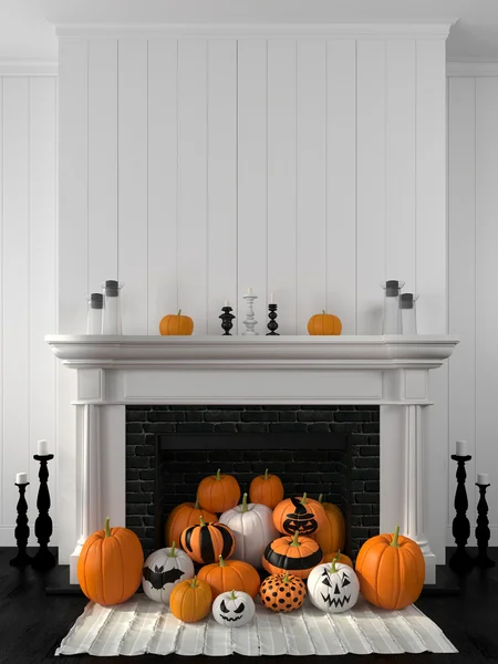Beyaz şömine için halloween Pumpkins ile dekore