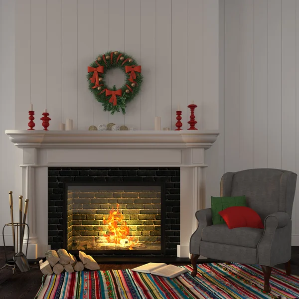 Vintage grauer Sessel am Kamin mit Weihnachtsdekor — Stockfoto