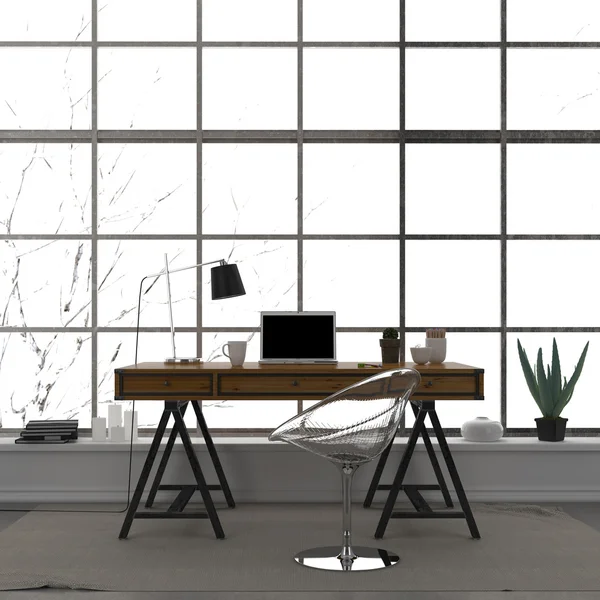Das stilvolle Interieur eines Home Office mit transparentem Stuhl — Stockfoto