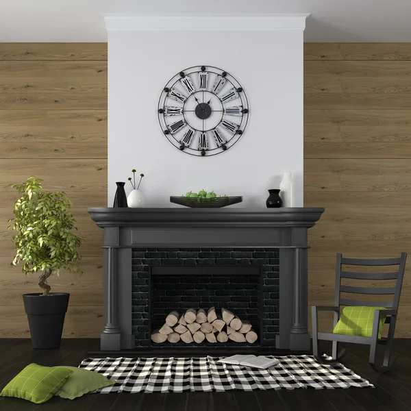 Salón con chimenea y decoración en negro y verde — Foto de Stock