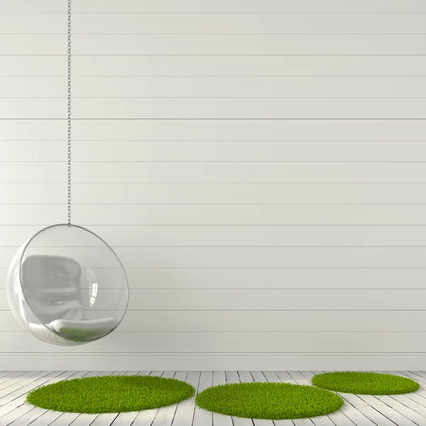 Elegantní závěsné křeslo a zelený koberec — Stock fotografie
