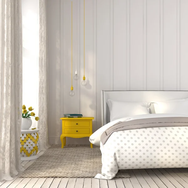 Helles Schlafzimmer mit gelbem Nachttisch — Stockfoto