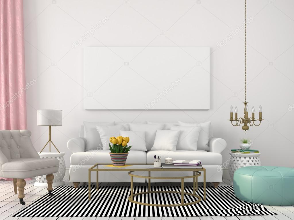 Light living room in white and pastel colors