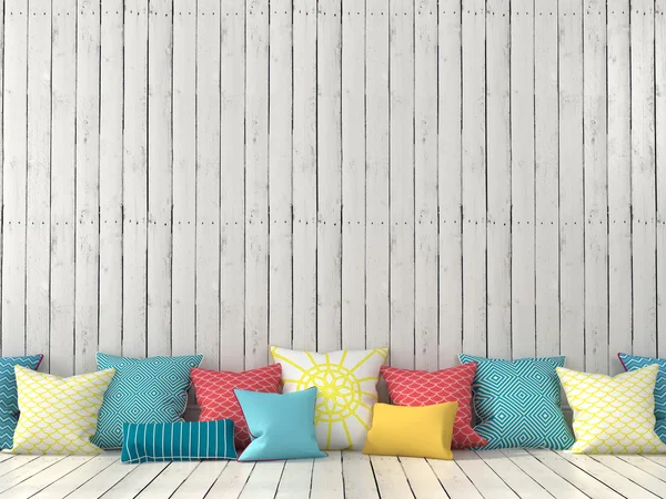 Colorful cushions and wall with white boards — Stock Photo, Image