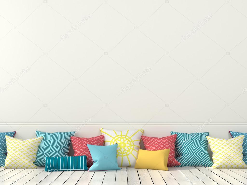 Colorful cushions and a white wall 