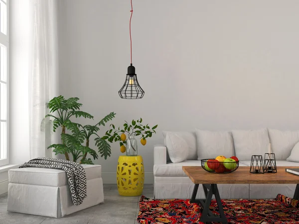Modern living room with white furniture and black chandelier
