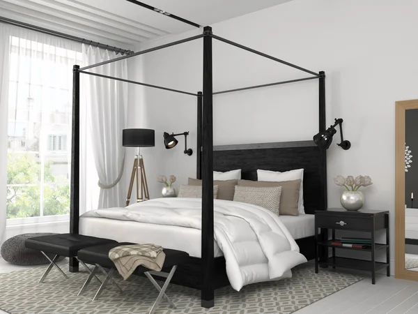 Bílá ložnice s černou postelí — Stock fotografie