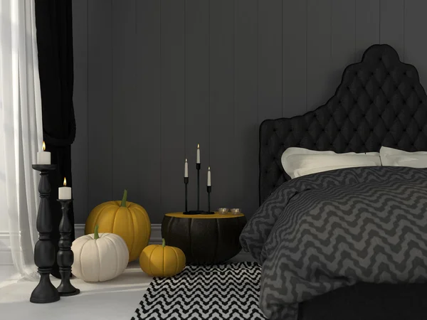 Zwarte slaapkamer ingericht voor Halloween — Stockfoto