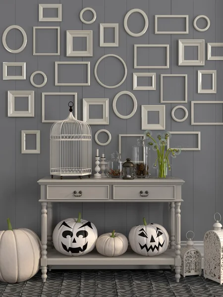 Mesa beige con decoraciones para Halloween —  Fotos de Stock