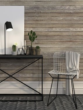 Tel sandalye ve metal masa kahverengi kurullarının bir duvara