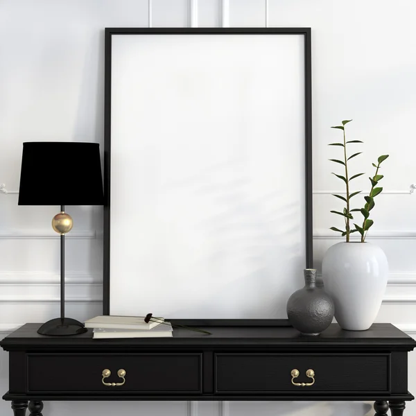 Mock up poster on the black desk with gold decoration — Stock Photo, Image