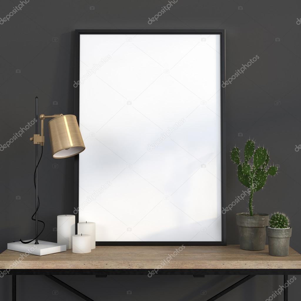 Mock up poster with a golden lamp 