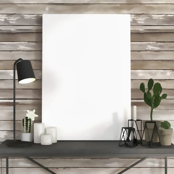 Schets van mock up poster op de tabel met cactussen — Stockfoto