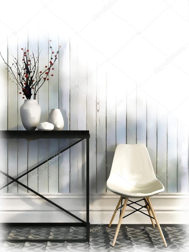 Sketch of white chair and black table against the wall of white 