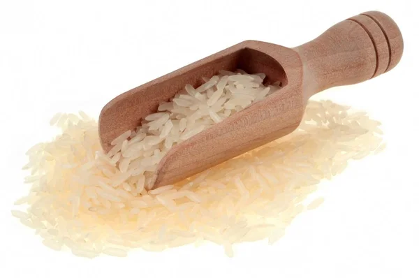 Wooden Spoon Raw White Rice Close White Background — Stock Photo, Image