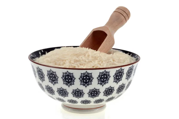 Bowl Raw White Rice Wooden Spoon Close White Background — Stock Photo, Image