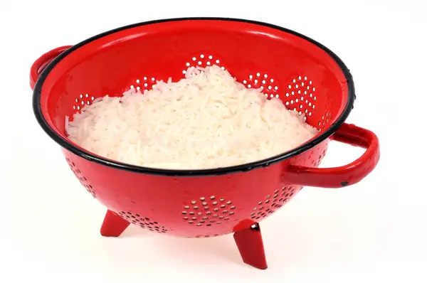 Strainer Cooked White Rice Close White Background — Stock Photo, Image