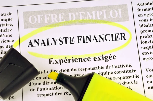 Job offer concept from a French newspaper asking a financial analyst with experience