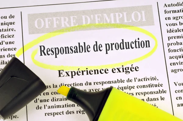 Job offer concept from a French newspaper asking for a production manager with experience