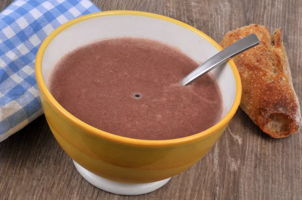 Ciotola Latte Cioccolato Con Pane Tovagliolo Primo Piano — Foto Stock