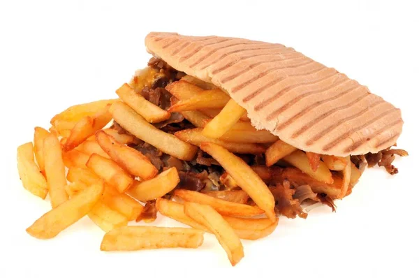 Kebab Com Batatas Fritas Close Fundo Branco — Fotografia de Stock