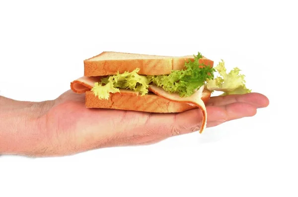 Sandwich Casero Con Pan Sándwich Jamón Ensalada Primer Plano Mano — Foto de Stock