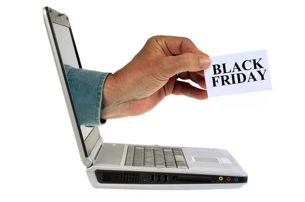 Hand Coming Out Laptop Screen Holding Card Black Friday Written — Stock Photo, Image