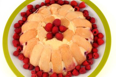 Beyaz arkaplanda ev yapımı ahududu Charlotte tabağı üst görünümü