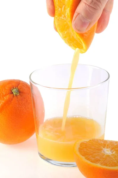Fresh Orange Juice Squeezed Hand Close White Background — Stock Photo, Image