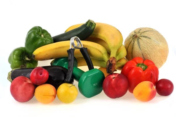 Healthy Lifestyle Concept Fruit Vegetables Muscle Building Equipment — Stock Photo, Image