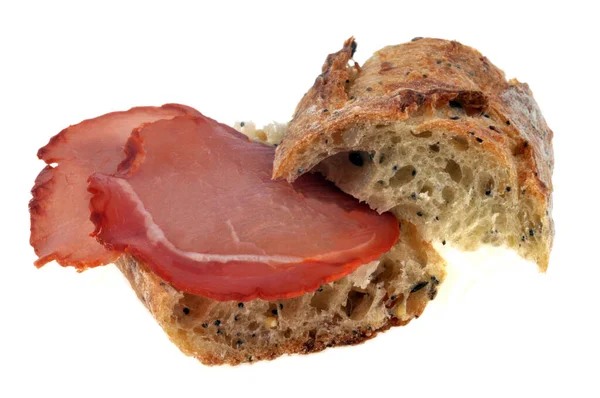 Bacon Slices Bread Close White Background — Stock Photo, Image