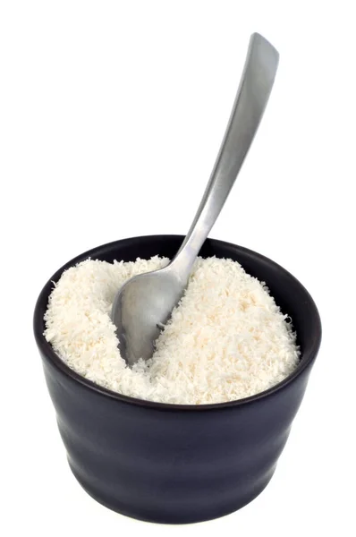 Grated Coconut Ramekin Spoon Close White Background — Stock Photo, Image