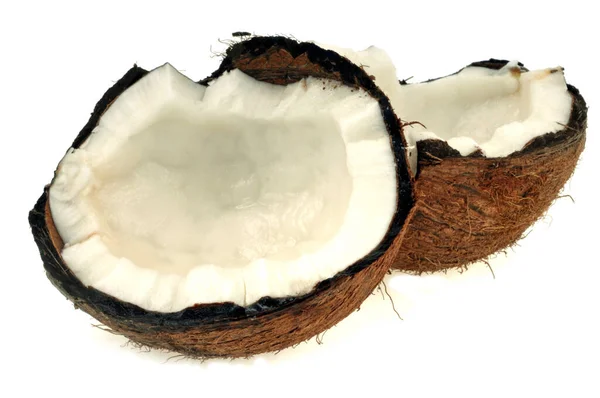 白い背景に壊れたココナッツのクローズアップ — ストック写真