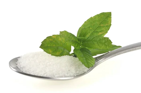 Stevia Blad Och Pulver Socker Sked Närbild Vit Bakgrund — Stockfoto