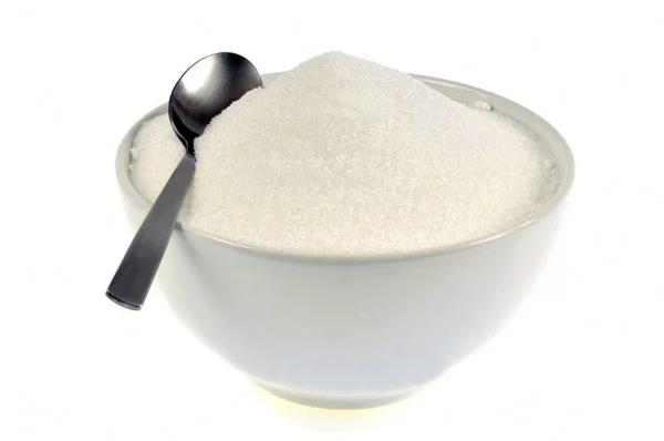 Bowl Powdered Sugar Spoon Close White Background — Stock Photo, Image