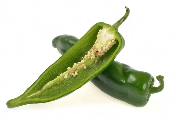 Whole Green Chili Green Chili Cut Half Close White Background — Stock Photo, Image