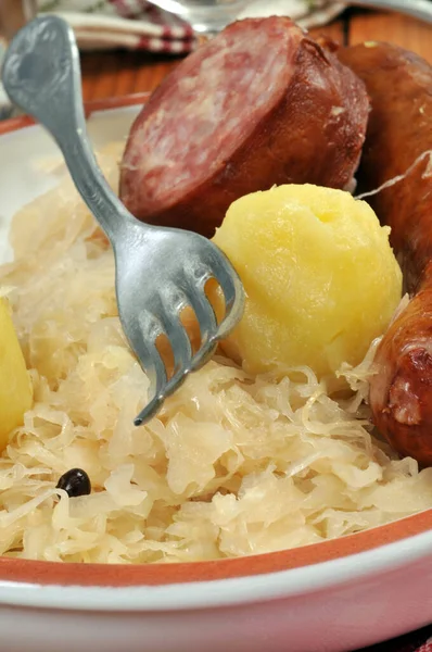 Traditional Alsatian Garnished Sauerkraut Wiyh Fork Close — Stock Photo, Image