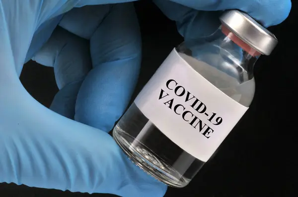 Concetto Flaconcino Vaccino Covid Fondo Nero — Foto Stock