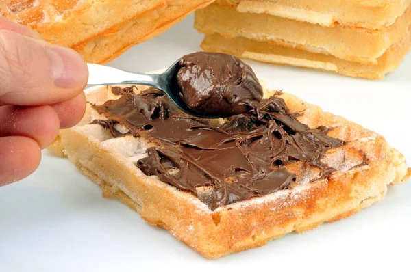 Colocar Chocolate Espalhado Close Waffle — Fotografia de Stock