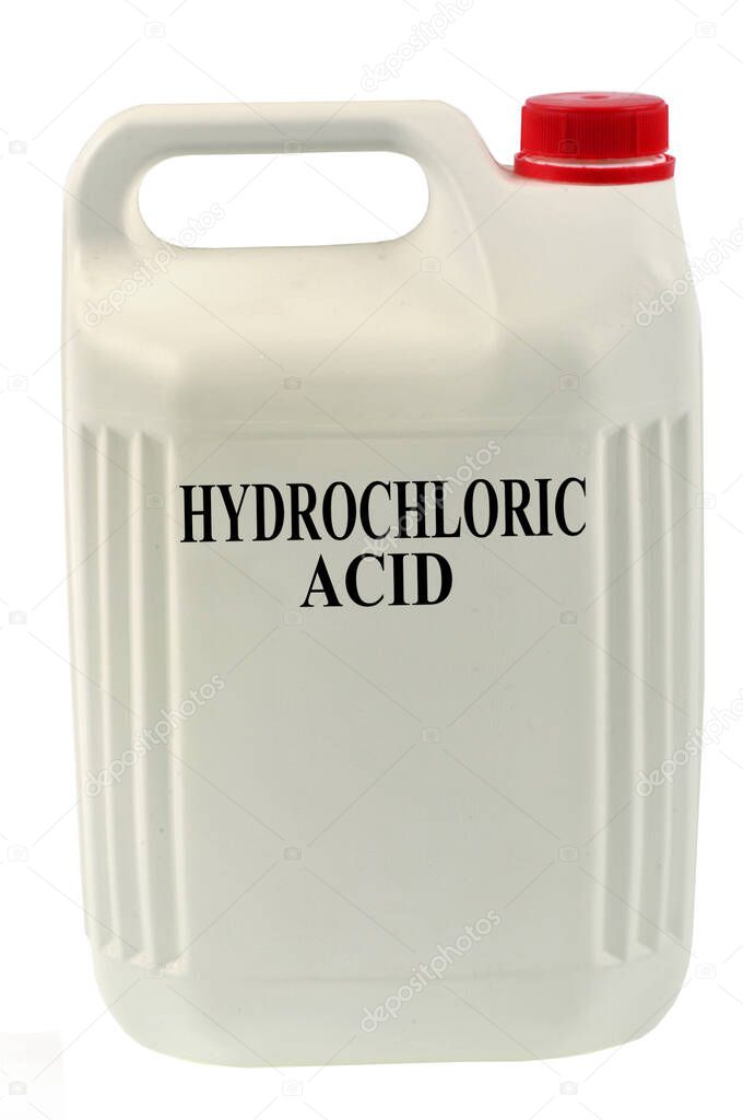 Hydrochloric acid canister close-up on white background 