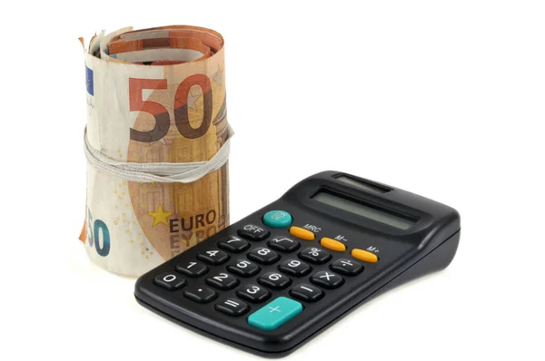 Roll Euro Banknotes Next Calculator White Background — Stock Photo, Image
