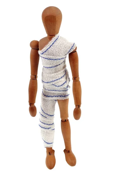 Concept Injury Wooden Mannequin Covered Bandage — Stock Photo, Image