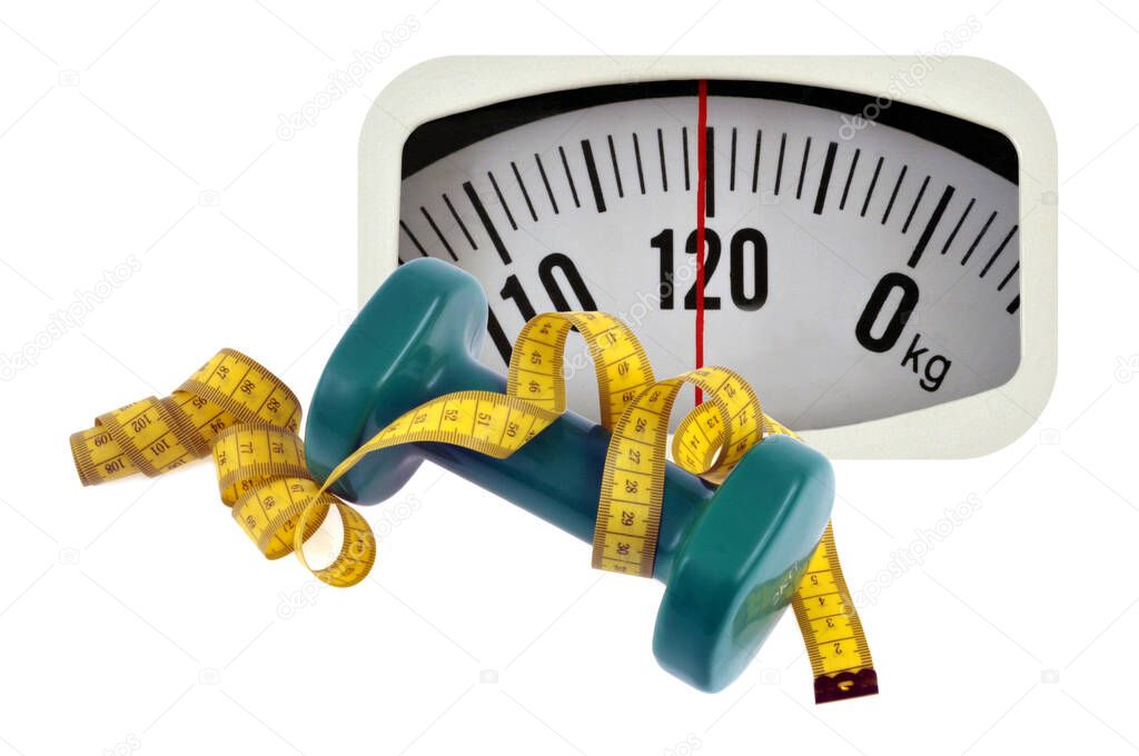 Overweight concept with weighing dial, dumbbell and flexible tape measure on white background