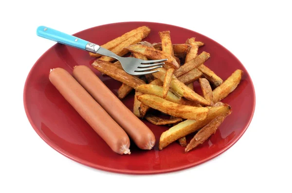 Plate Frankfurter Sausage French Fries Close White Background — Stock Photo, Image