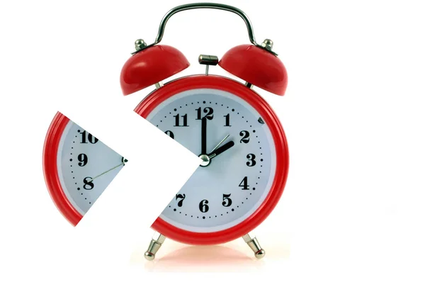 Concepto Tiempo Parcial Con Reloj Despertador Dividido Sobre Fondo Blanco — Foto de Stock