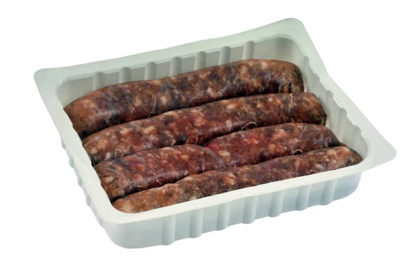 Plateau Plastique Saucisses Porc Crues Sur Fond Blanc — Photo