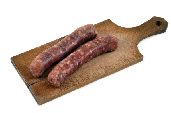 Saucisses Porc Crues Sur Une Planche Découper Close Sur Fond — Photo