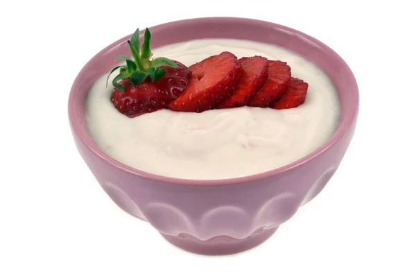 Ramequin Crème Fraise Maison Avec Une Fraise Fraîche Coupée Sur — Photo